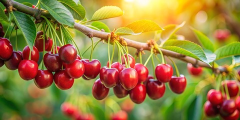 Canvas Print - Ripe sweet cherries on a branch in a Ukrainian orchard , cherry, tree, branch, ripe, sweet, green leaves, Ukrainian, orchard, fruit