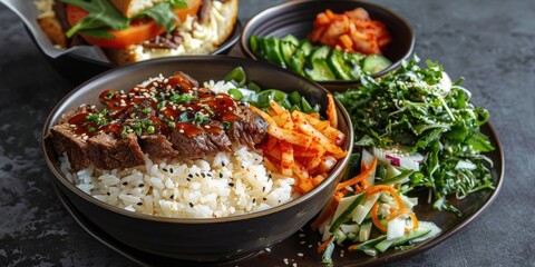 Canvas Print - Beef Rice Bowl and Club Sandwich