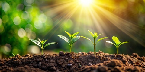 Canvas Print - Saplings growing from the soil with sunlight , growth, nature, green, environment, plant, young, fresh, vitality, spring