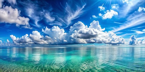 Sticker - Panoramic view of a beautiful seascape with fluffy clouds on a sunny day , seascape, panoramic, ocean, clouds, sunny, sky