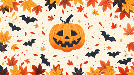 Wall Mural - Seamless Halloween Pattern with Jack-o'-lantern, Bats, and Autumn Leaves