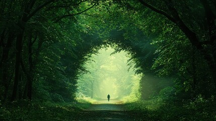 Wall Mural - Person Walking Towards Light in Lush Green Forest