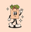 © Kateryna Moskaleno - Groovy retro character grocery bag. Flat vector illustration.