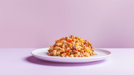 Wall Mural - A Serving of Macaroni Salad on a White Plate Against a Pink Background