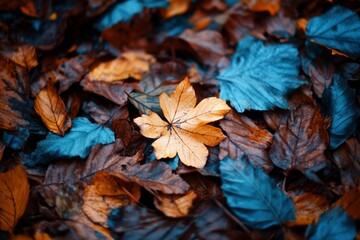 Sticker - A Single Golden Leaf Among a Bed of Autumn Leaves