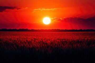 Poster - Red Sunset Over Field of Tall Grass