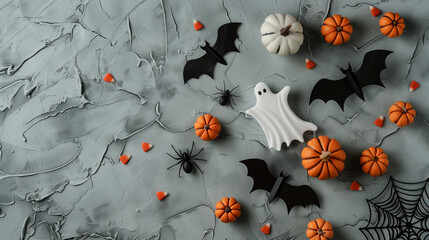 Wall Mural - Halloween Composition with Pumpkins, Bats, and Spider Webs on Grunge Background