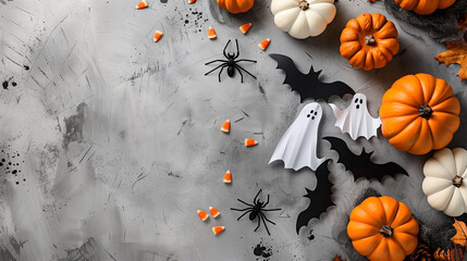 Wall Mural - Halloween Composition with Pumpkins, Bats, and Spider Webs on Grunge Background