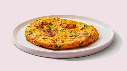 Wall Mural - A golden brown omelette with green herbs on a white plate