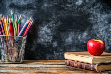 Wooden School Desk With Red Apple On Stack Of Books, Supplies And Blackboard Background with generative ai