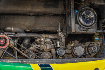 close up of diesel engine of bus. Engine details Diesel engine background.