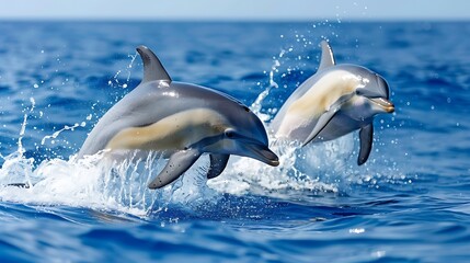 Two dolphins are leaping out of the water creating a splash of water around them. The blue water creates a peaceful feeling in this picture and the dolphins' playful energy is captured in this image.