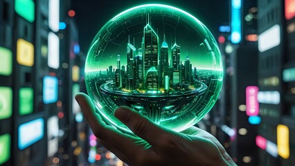 Glass sphere containing advanced smart city held by hand in background of cyber city at night