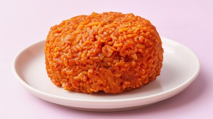 A Single Serving of Round, Orange-Colored Rice on a White Plate