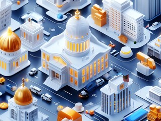 Isometric cityscape with historical landmarks, cobblestone streets, and modern city planning