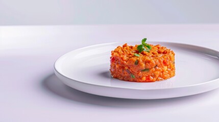 Wall Mural - A Small Serving of Orange-Colored Rice with Green Garnish on a White Plate