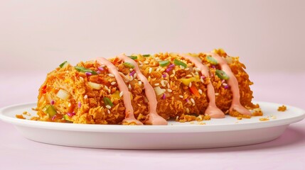 Canvas Print - Fried Rice Roll with Pink Sauce and Garnishes