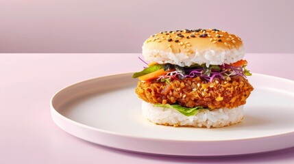 Wall Mural - Crispy Fried Chicken Sandwich on a Sesame Rice Bun