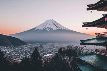 Sticker - Mount Fuji with Pagoda Roof and Cityscape at Dawn