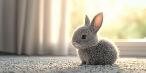 A cute and fluffy gray rabbit with big eyes, generative AI