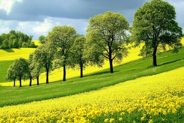 Poster - A row of trees on a hillside with yellow flowers