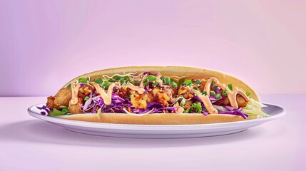 Wall Mural - A Crispy Chicken and Cabbage Sandwich with a Creamy Sauce on a White Plate