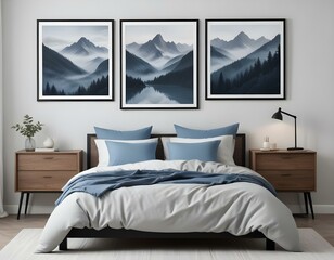 A cozy bedroom with a black mockup frame, gray and blue bedding, and white framed landscape prints on the wall depicting misty, mountainous scenes 