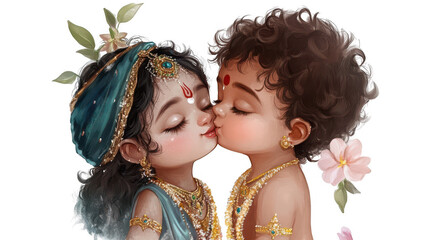 Adorable baby Radha kissing baby Krishna on the cheek, with Krishna making a cute, innocent expression