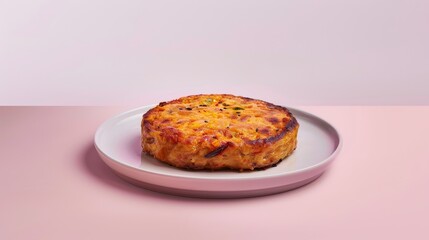 Wall Mural - A Single Golden Brown Fried Rice Patty on a White Plate