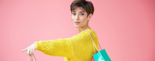 Full body portrait of a woman with short hair, yellow sweater, shopping bags, pointing, pastel pink background, copy space concept.