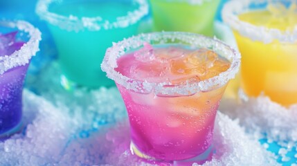 Close-up of pink, blue, yellow and green drinks with ice and salt on the rim, in a colorful and festive setting.