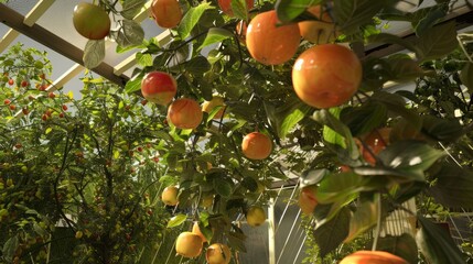 Wall Mural - Close-up of ripe orange fruit hanging from branches in a greenhouse.