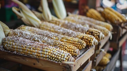 Wall Mural - Close-up of roasted corn on the cob, arranged in wooden crates, ready for sale.