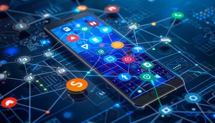 Smartphone with interconnected app icons and data streams, symbolizing mobile technology, digital communication, and app development