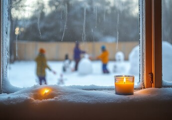 A snowy window with frosted glass, a candle burning on the sill, and blurred people outside building a snowman