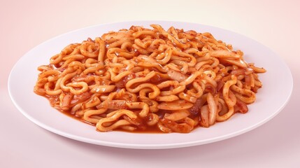 Wall Mural - A plate of stir-fried noodles with a reddish sauce