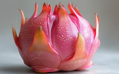 A macro shot of fresh red dragon fruit isolated on a grey background