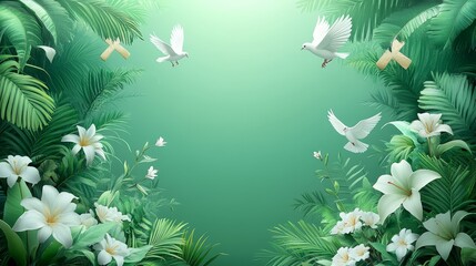 Sticker - Palm Sunday style wallpaper light green background  105 christmas, frame, tree, winter, decoration, holiday, border, flower, nature, green, illustration, branch, floral, vector, card, design, snow, xm