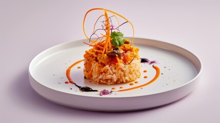 Wall Mural - A plated dish of rice with a fried garnish and sauce