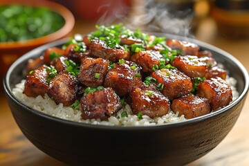 Poster - A bowl of meat and rice with a lot of seasoning