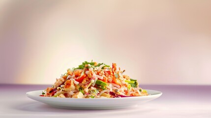 Canvas Print - A White Plate with a Serving of Fried Rice with Vegetables and Seafood