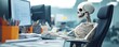 © Mnt - A humorous representation of a skeleton working at a desk with a computer, highlighting themes of work and the supernatural.