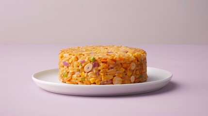 Wall Mural - A single serving of golden-brown rice pilaf on a white plate