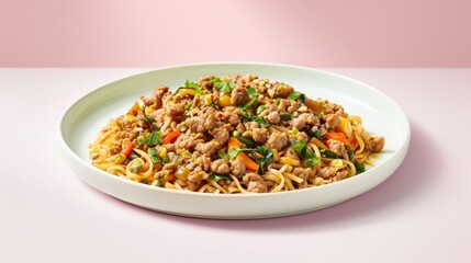 Wall Mural - A plate of stir-fried noodles with pork and vegetables