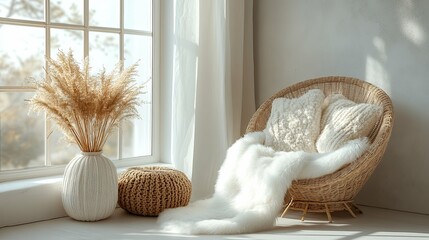 A white vase with white flowers sits on a table next to a window