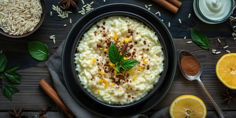 Wall Mural - Creamy rice pudding made with whole milk, white rice, cinnamon, and citrus zest served in a black bowl on a dark wooden surface, accompanied by a spoon and ingredients seen from above.