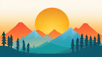 Wall Mural - Vibrant mountain view featuring lush forest and a stunning sunset, all in a modern flat cartoon style with rich textures.