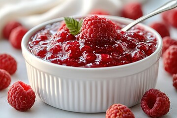 A bowl of raspberry jam with a spoon in it