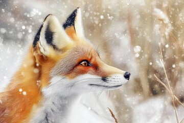 curious red fox close-up snow-covered forest background, with copy space