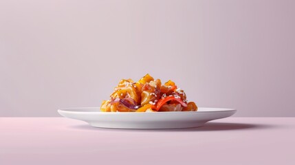 Wall Mural - A Small Plate of Orange-Colored Noodles with Red Bits